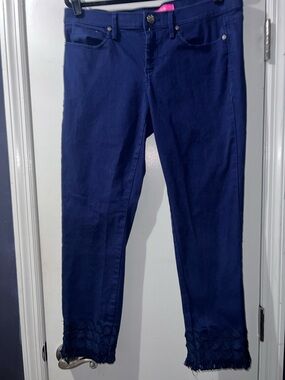 Lilly Pulitzer Navy Blue Cropped Ankle Jeans with Embroidered Hem